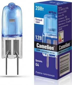 Лампа галоген.без рефлектора, JC 20W G4 COOL 12V Camelion