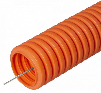 Труба гофрированная ПНД лёгкая 350 Н безгалогенная (HF) оранжевая с/з д25 (50м/уп) Промрукав