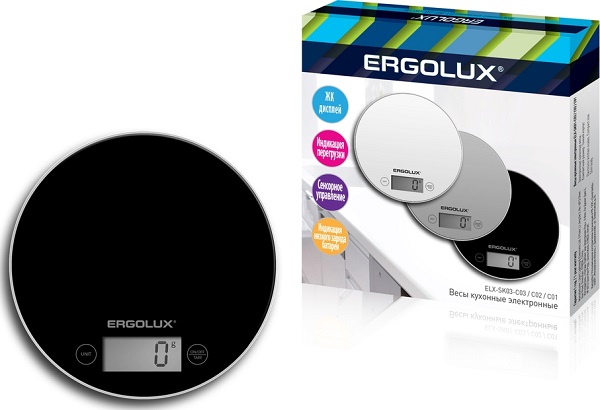 Весы кухонные круглые черные (до 5 кг, 185 мм) ERGOLUX ELX-SK03-C02