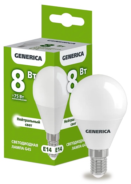 Лампа LED G45 E14 4000К 8Вт 800Lm GENERICA