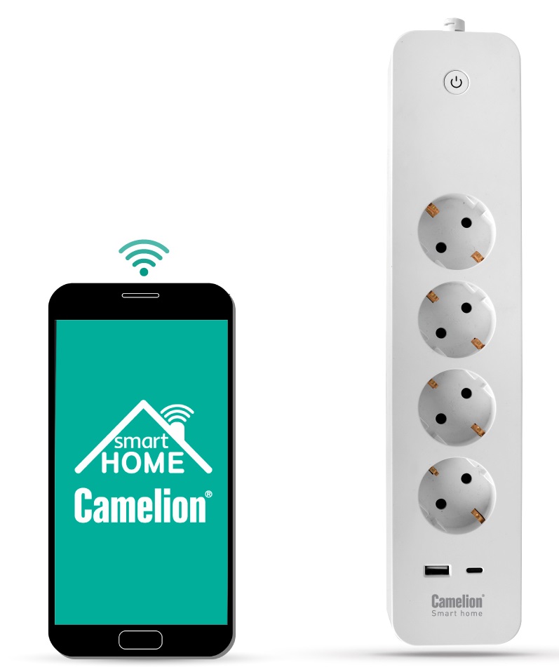 Сетевой фильтр Camelion Smart Home SZD/SH/4х1,5/WIFI (4гн.1,5м.,16A 4000В, USB+Type-С, WiFi+Счетчик)