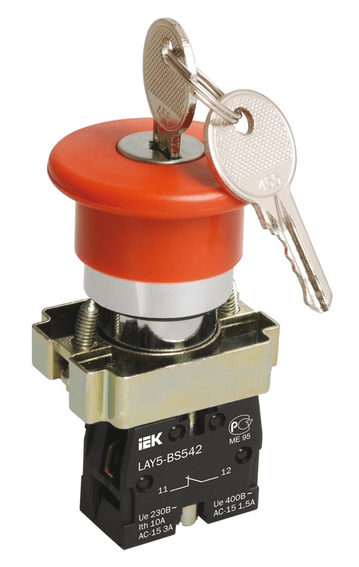 Кнопка LAY5-BS142 "Грибок" с ключом красный d22мм 240В 1р ИЭК
