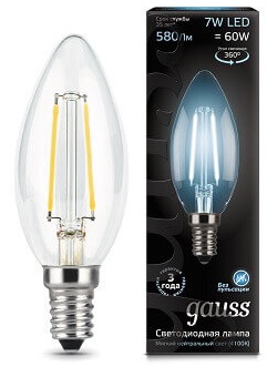 Лампа LED C35 E14 4100К 7Вт 580Лм Filament Gauss