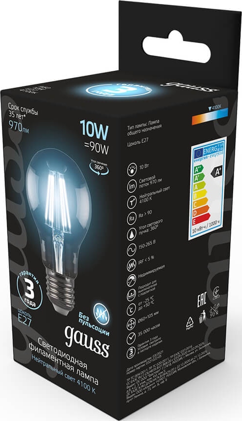 Лампа GAUSS LED Filament A60 E27 10W 4100К 970Lm