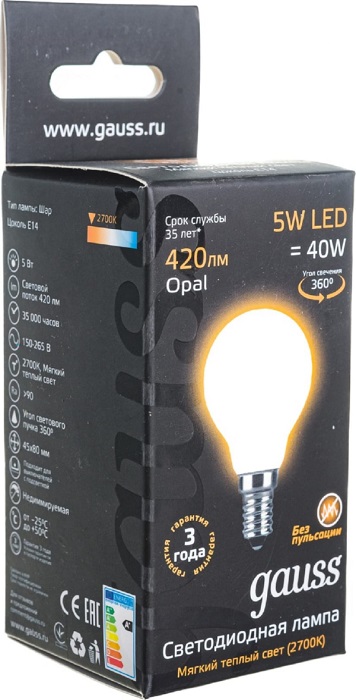 Лампа LED G45 E14 2700К 5Вт 420Лм Filament OPAL Gauss