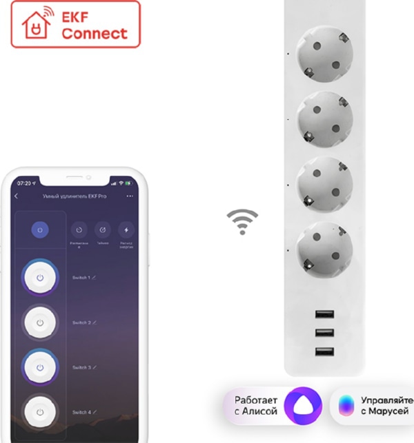 Умный удлинитель EKF Connect PRO Wi-Fi c USB