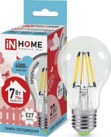 Лампа LED-A60-deco 7Вт 230В Е27 4000К 630Лм прозрачная IN HOME