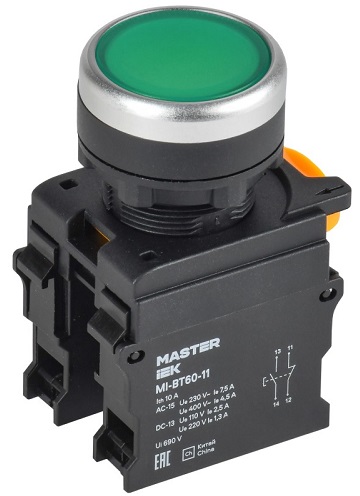Кнопка d=22мм 1NO+1NC зелёная MASTER IEK