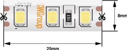 Лента LED 2835 3000K 9,6Вт/м 120LED/м 400Лм/м 12В 5м IP65 SWG