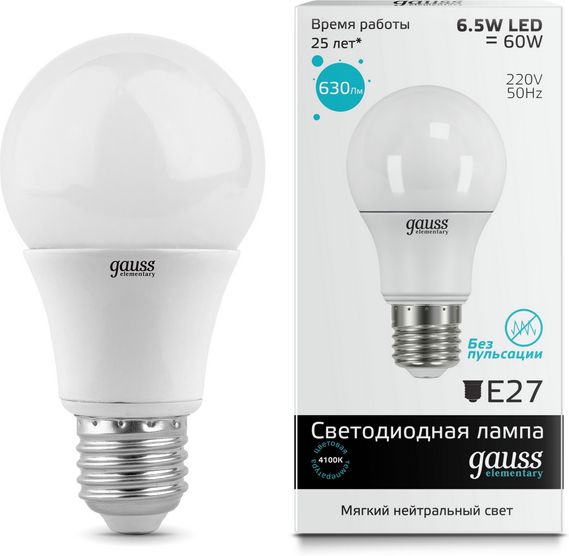 Лампа Gauss Elementary LED A60 6.5W 220V E27 4100K 630Lm