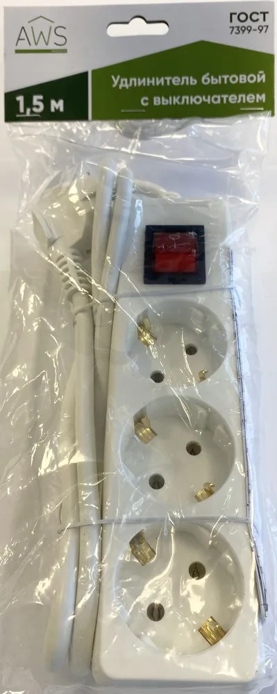 Удлинитель бытовой 3гн. 1,5м с/з с выкл. ПВС 3x1mm2 AWS-G03K-1,5 AWS