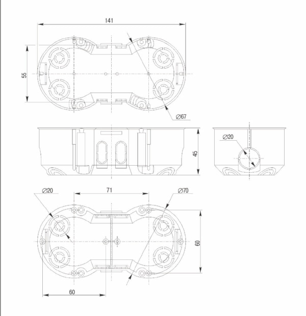 Коробка установ. для полых стен (2-я) 141х70х45 КМ40023 IEK