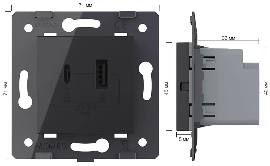 Розетка USB type C+A с блоком питания 36W Livolo, цвет черный (механизм)