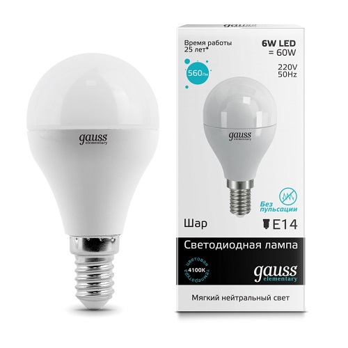 Лампа LED G45 E14 4100К 6Вт 450Лм Elementary Gauss