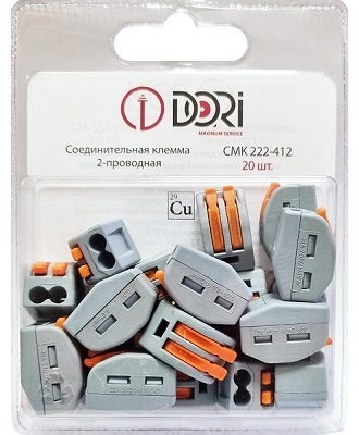 Клемма рычажковая 2 отверстия 0,08-2,5 уп20шт СМК222-412 сер WAGO DORI