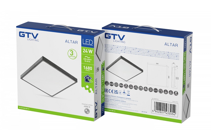 Светильник потолочный LED ALTAR 4000K 24W 1680lm пласт. черный квадрат IP44 GTV