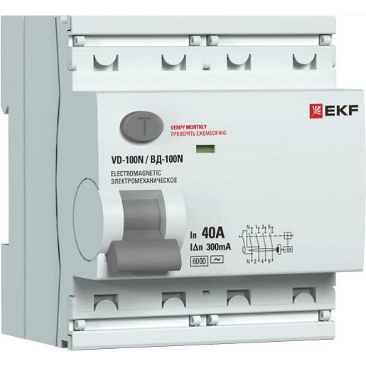 Выключатель дифференциального тока ВД-100N (S) 4P 40А 300мА тип AC эл-мех 6кА PROXIMA EKF