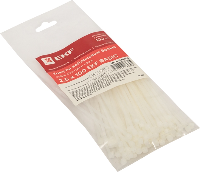 Хомут 2,5*100 белый нейлон (100 шт.) Basic (EKF), уп