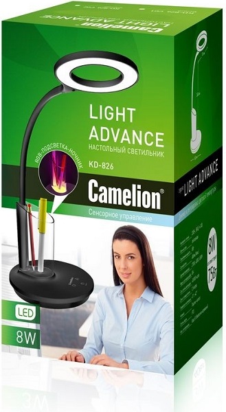Светильник настольный Camelion KD-826 C02 черн.LED (8 Вт,230В,480лм,сенс,RGB-подсв,рег.ярк/цвет.темп