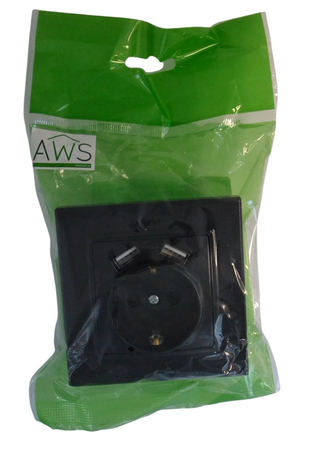 Розетка 1-я с/з с USB (5В, 2.1А) чёрная SD-P1017B "Standard" AWSproducts