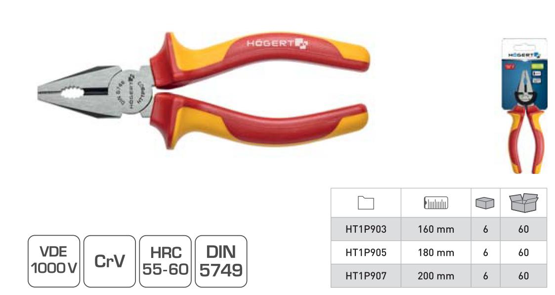 Пассатижи изолированные 180 мм, 1000 V, VDE HOEGERT