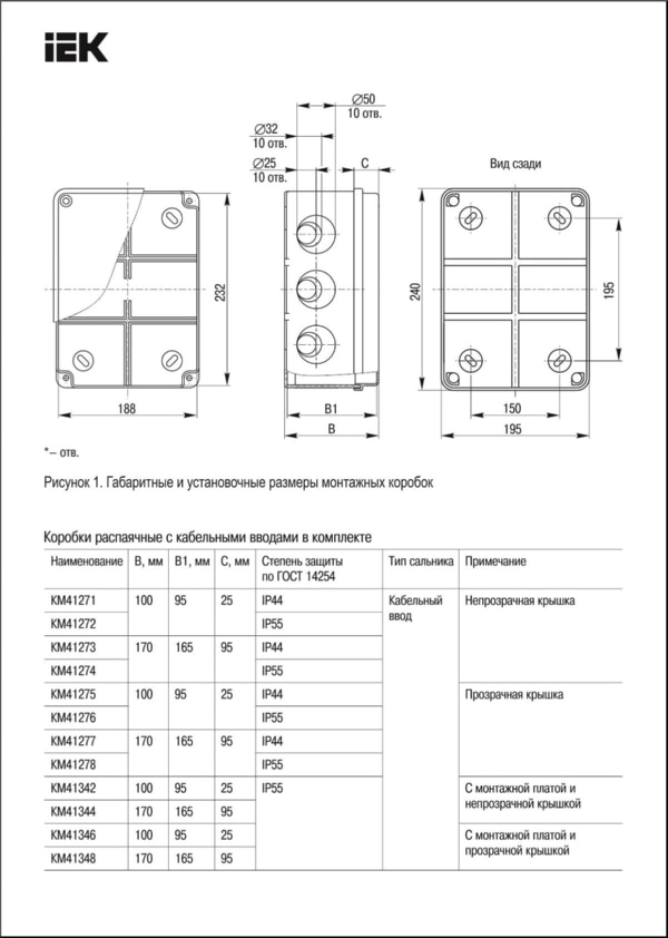 Коробка КМ41274 (серая) распаячная для о/п 240х195х165 мм IP55 (кабельные вводы 5шт) ИЭК