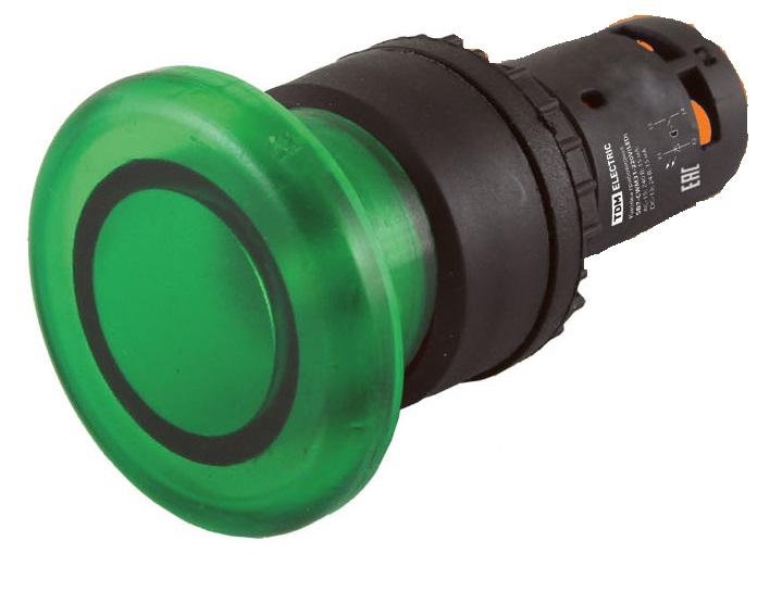 Кнопка грибовидная, с пружинным возвратом, с подсветкой, LED, диам-35мм, NO, 220V, зеленая (SB7-CWM3