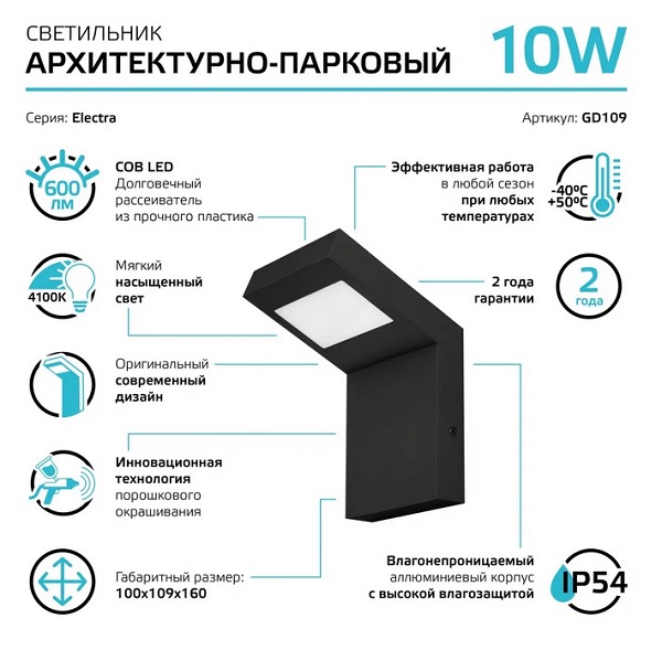 Светильник садово-парковый Gauss Electra, 10W, 600lm, 4000K, 100x109x160mm, 170-240V / 50Hz, IP54, L