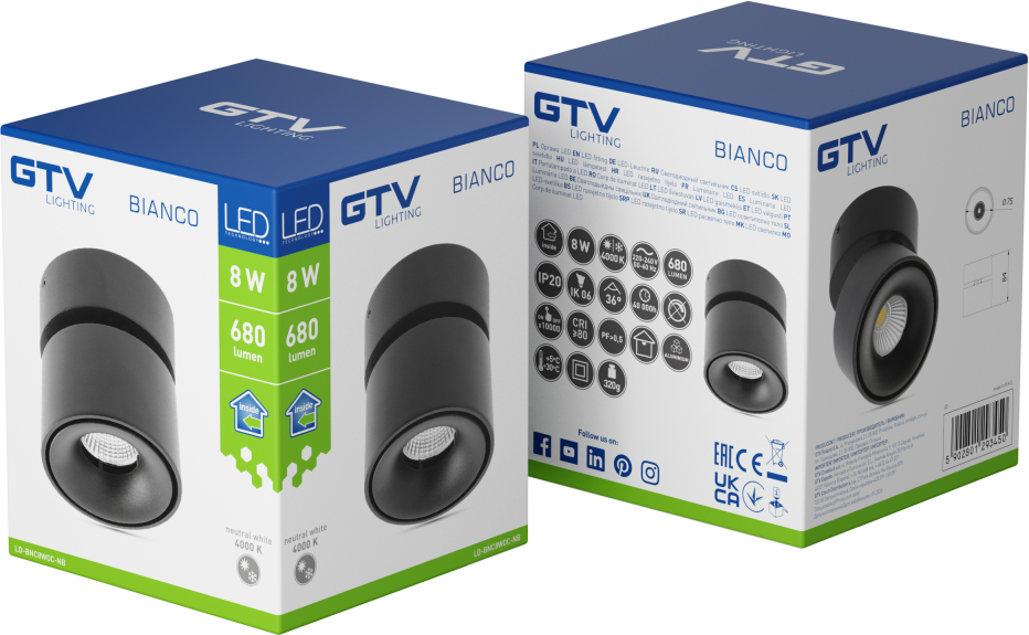 Спот LED BIANCO 8Вт 4000K 680Лм IP20 75мм черный 36° GTV