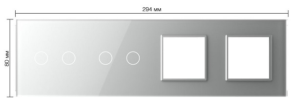Панель для 2-х сенсорных выключателей и 2-х розеток Livolo, 4 клавиши (2+2), цвет серый, стекло
