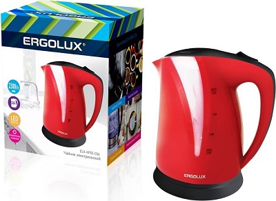 Чайник электрический красно-черный 2,0 л., 1500-2300Вт ERGOLUX ELX-KP03-C04 (пластиковый, 2.0л, 160-