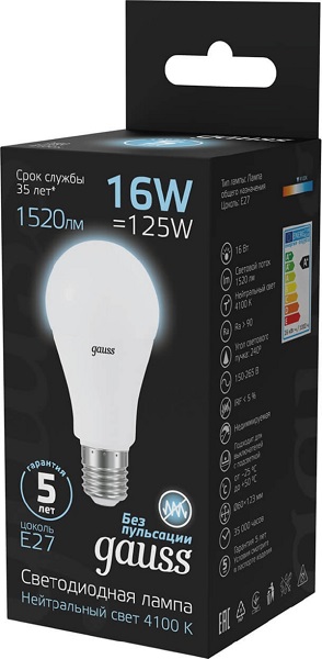 Лампа GAUSS LED A60 16W 220V E27 4100K 1470Lm