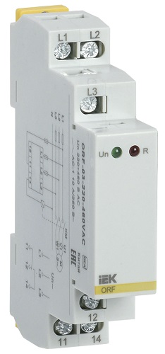 Реле контроля фаз ORF 03. 3ф 220-460 В AC (для трехфазных цепей). Контроль обрыва фаз, чередования ф