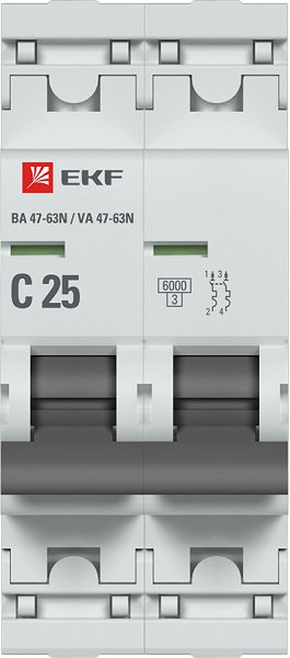 Автоматический выключатель 2P 25А (C) 6кА ВА 47-63N EKF PROxima