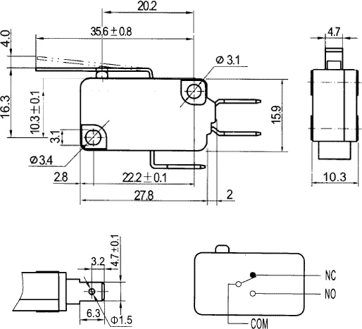 Микропереключатель B180E 250v. 5a
