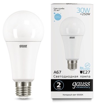 Лампа Gauss Elementary LED  A67 30W 220V E27 6500K 2390Lm