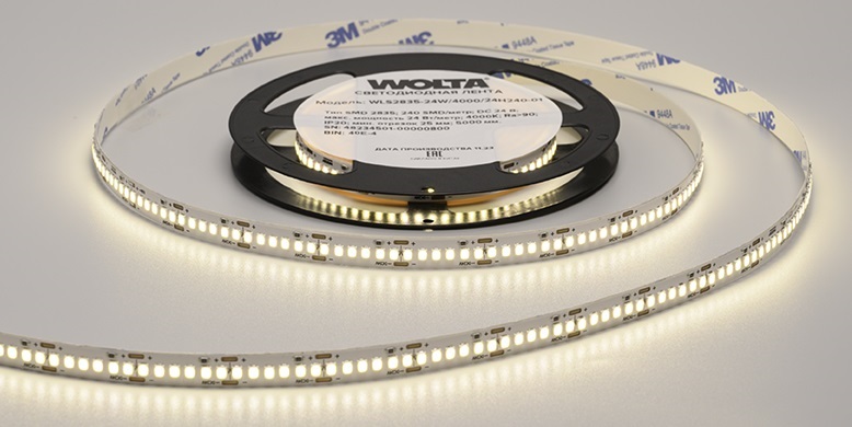 Лента LED SMD2835 24Вт 3000К 24В IP20 3200лм/м 240led/м 10мм (уп.5м) WOLTA