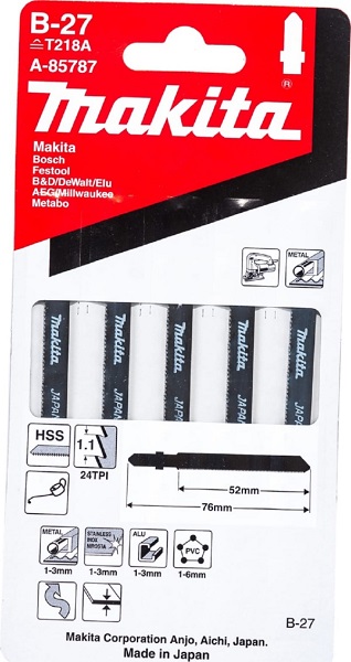 Пилки для лобзика № B27 5шт. Makita (A-85787) для фигурной резки железа,нержавеющей стали, цветных м