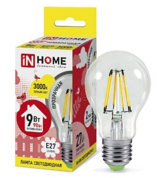 Лампа светодиодная LED-A60-DECO 9Вт 230В Е27 3000К 1040Лм прозрачная IN HOME