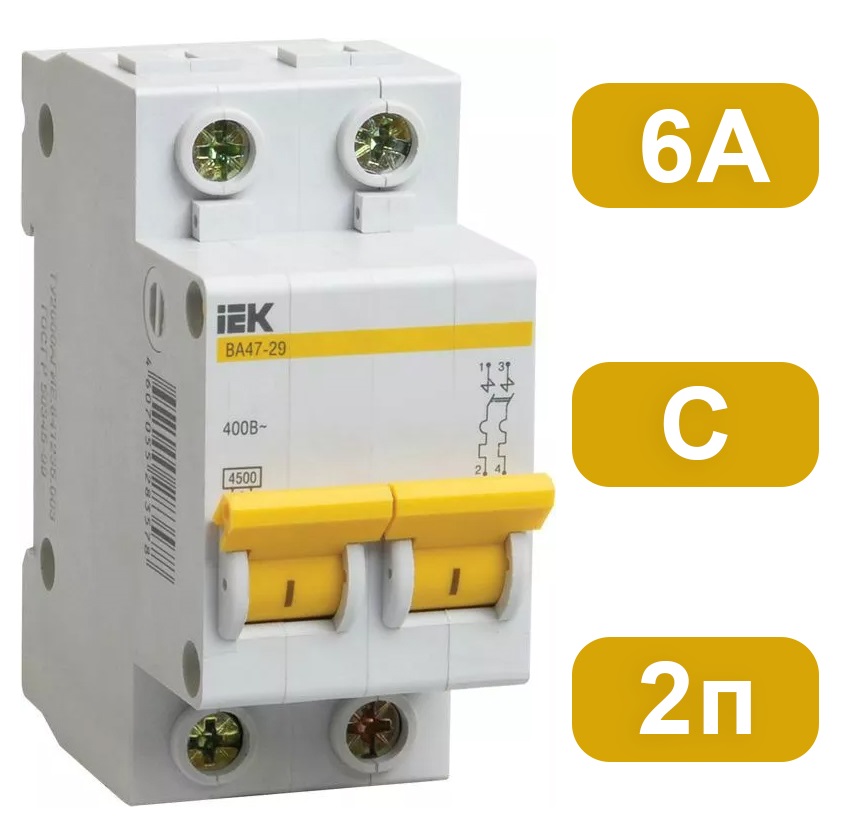 Автоматический выключатель ВА47-29 C6/2 4,5кА IEK