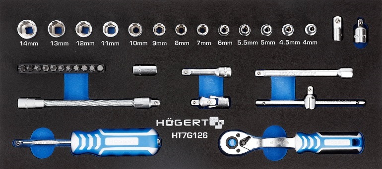 Набор инструментов с трещоткой 1/4", 34 шт.(в ложементе для инструментальной тележки ) HOEGERT