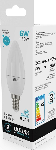 Лампа Gauss Elementary LED  Свеча 6W 220V E14 4100K 450Lm