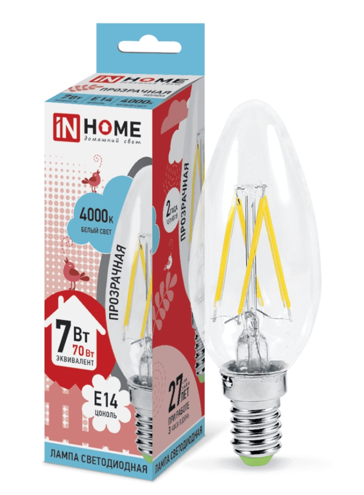 Лампа светодиодная LED-СВЕЧА-DECO 7Вт 230В Е14 4000К 630Лм прозрачная IN HOME