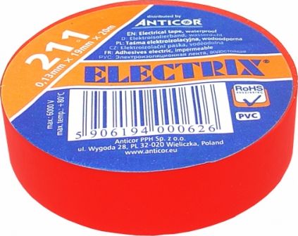 Изолента ELECTRIX 211  PCV (0,13mm*19mm*20m) красная