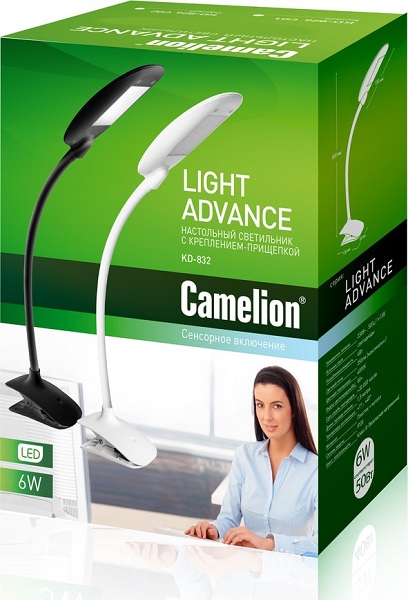 Светильник настольный Camelion KD-832  C02 черный LED (на прищепке, 6 Вт,230В,350 лм, 4000К, сенс.ре