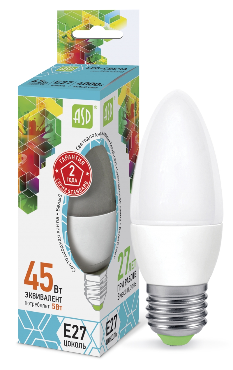 Лампа светодиодная LED-СВЕЧА-standard 5.0Вт 220В Е27 4000К 450Лм ASD