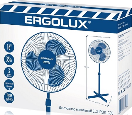 Вентилятор напольный ELX-FS01-C35  синий с белым (16 дюймов, 35 Вт, 220-240 В, 125 см) ERGOLUX