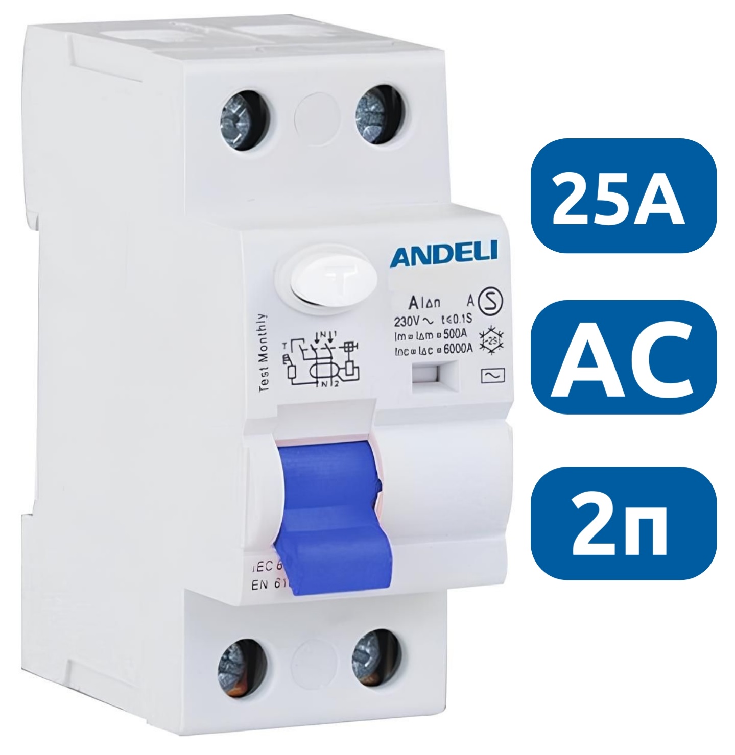 УЗО ADB1L-63 2P 25A 30mA тип AC 6kA Andeli