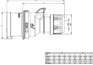 Разъем перенос. IP-44   16/4 вилка (014-6)