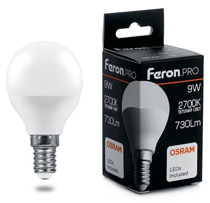 Лампа LED G45 E14 2700К 9Вт Feron